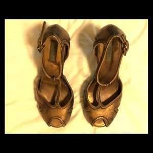 Prada metallic gold wood leather platform heels 8